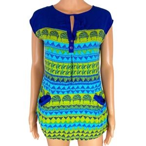 Global Desi Womens Blue Green Geometric Print Tunic Top Cap Sleeve Size S